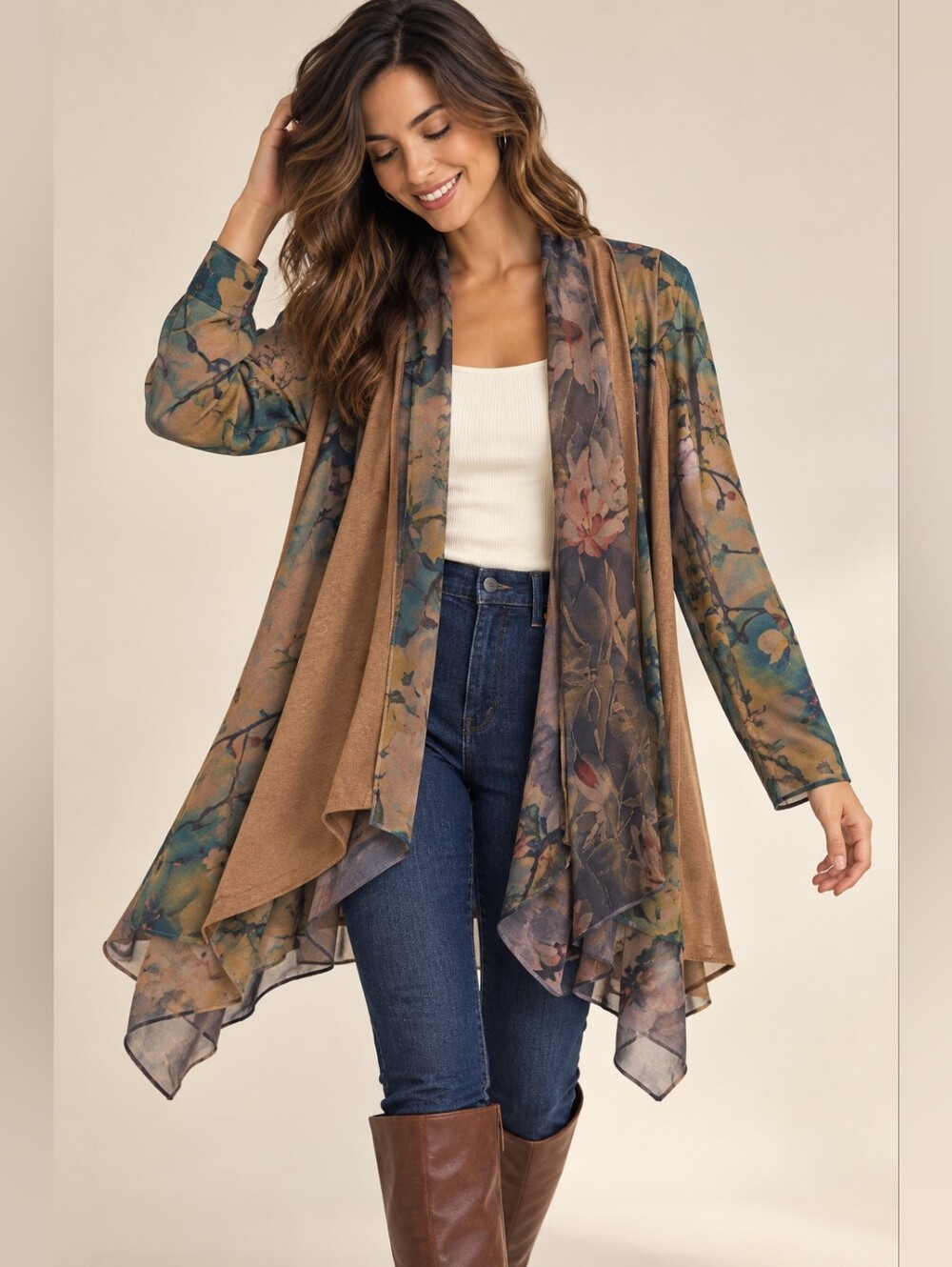 Soft Surroundings Cardigan Tea Gardens Topper Brown Bird Floral 2BZ08 Size SMALL